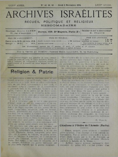 Archives israélites de France. Vol.75 N°43-44-45 (05 nov. 1914)